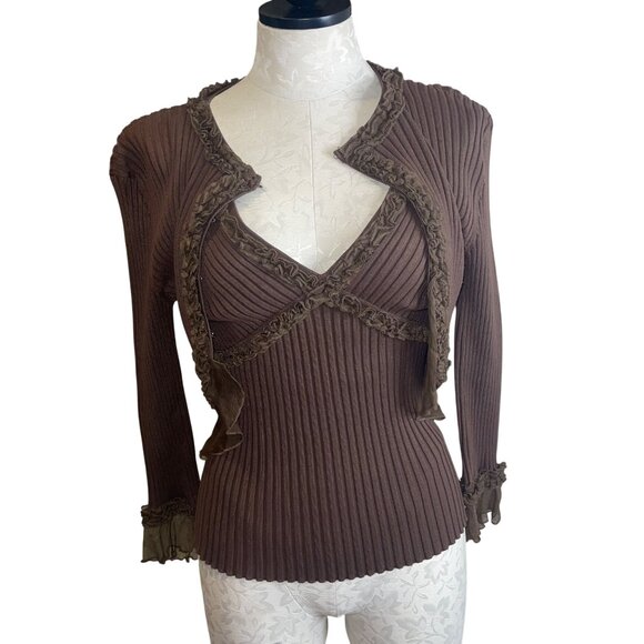 WD NY Womens Cardigan And Tank Top Brown Set Size Large Y2K Ribbed New - Picture 3 of 10
